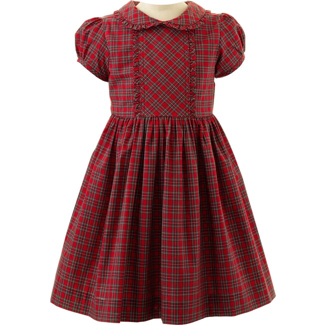 Tartan Frill Peter Pan Collar Puff Sleeve Sash Tie Dress, Red