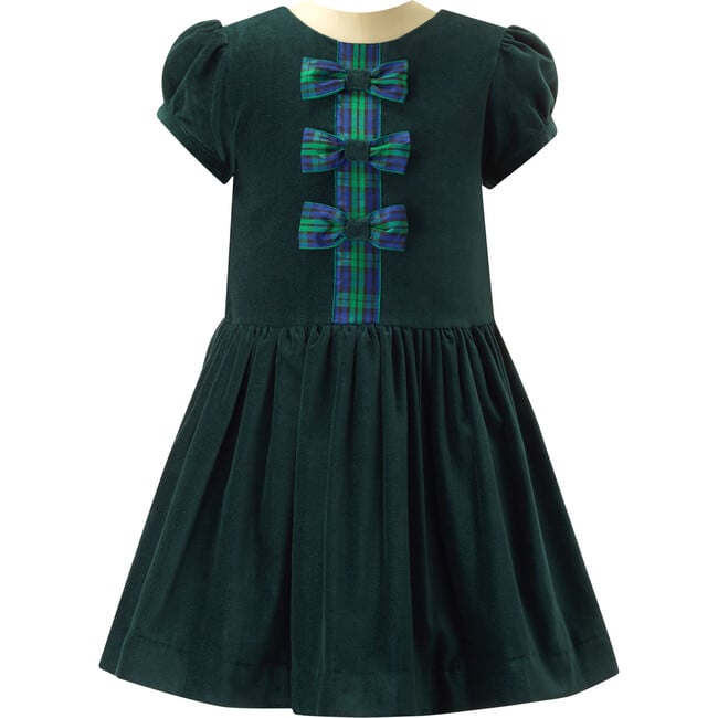 Tartan Velvet Bow Front Short Puff Sleeve Drop-Waist Skirt Dress, Green