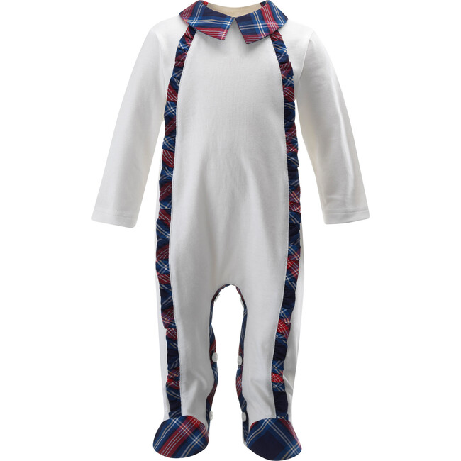 Tartan Trim Frill Velour Button Footie Babygro, White - Onesies - 1