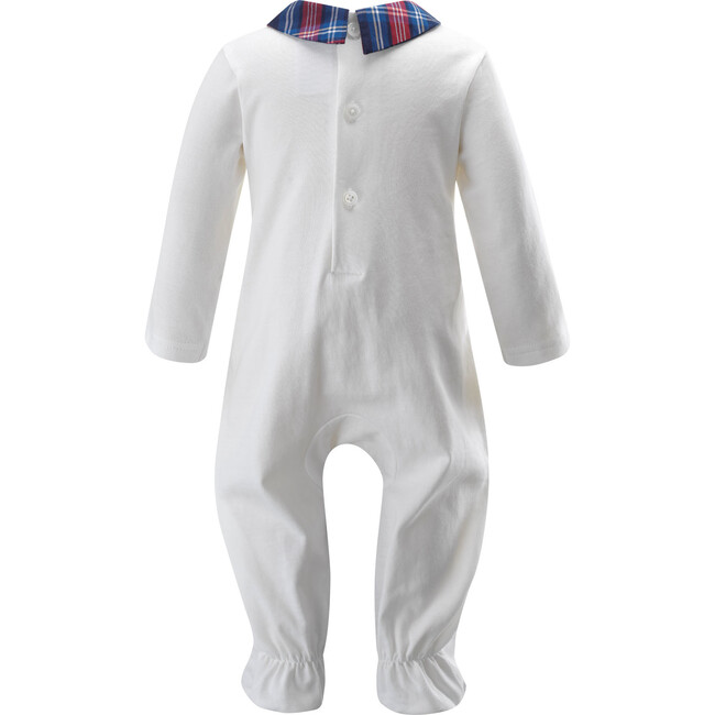 Tartan Trim Frill Velour Button Footie Babygro, White - Onesies - 2