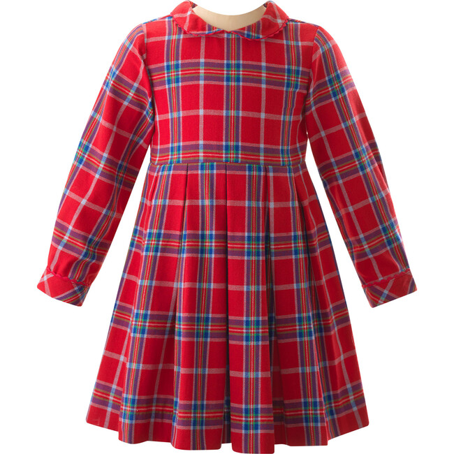 Tartan Ric Rac Trim Long Sleeve Sash Tie Pleat Dress, Red