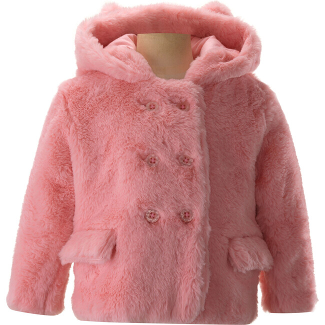 Teddy Faux Fur Double-Breast Flap Pocket Hooded Coat, Pink