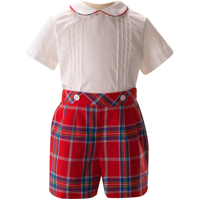 Tartan Pipe Peter Pan Collar Button-Up Shirt & Short Set, Red