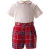 Tartan Pipe Peter Pan Collar Button-Up Shirt & Short Set, Red - Mixed Apparel Set - 1 - thumbnail