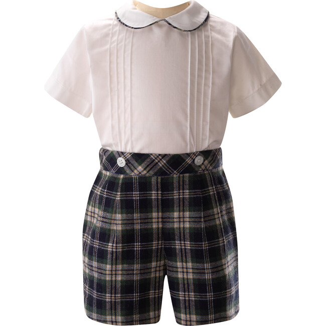 Tartan Pipe Peter Pan Collar Button-Up Shirt & Short Set, Navy