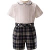 Tartan Pipe Peter Pan Collar Button-Up Shirt & Short Set, Navy - Mixed Apparel Set - 1 - thumbnail