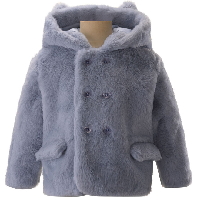 Teddy Faux Fur Double-Breast Flap Pocket Hooded Coat, Blue - Coats - 1