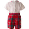 Tartan Pipe Peter Pan Collar Button-Up Shirt & Short Set, Red - Mixed Apparel Set - 2