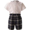 Tartan Pipe Peter Pan Collar Button-Up Shirt & Short Set, Navy - Mixed Apparel Set - 2