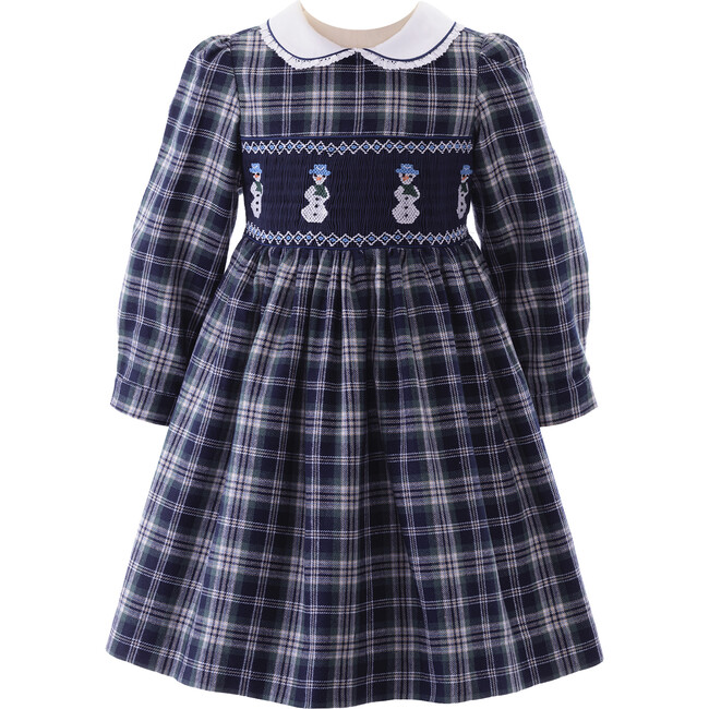 Snowman Tartan Frill Trim Long Sleeve Smocked Dress, Navy