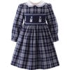 Snowman Tartan Frill Trim Long Sleeve Smocked Dress, Navy - Dresses - 1 - thumbnail