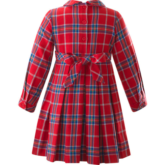 Tartan Ric Rac Trim Long Sleeve Sash Tie Pleat Dress, Red - Dresses - 2