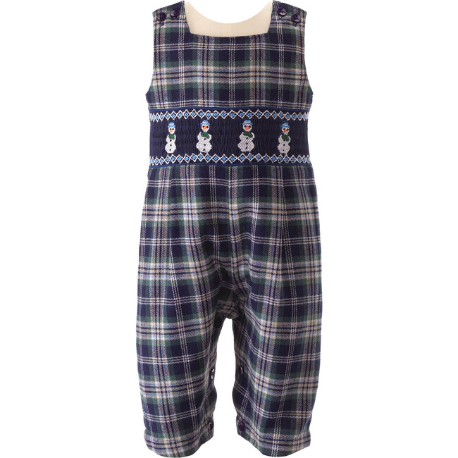 Snowman Check Adjustable Button Smocked Dungarees, Navy