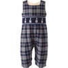 Snowman Check Adjustable Button Smocked Dungarees, Navy - Onesies - 1 - thumbnail