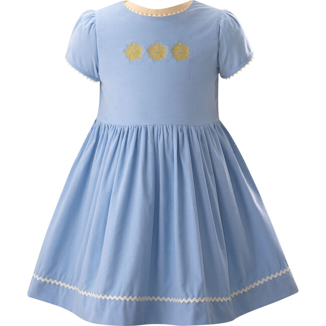 Snowflake Embroidered Ric Rac Ribbon Trim Short Puff Sleeve Dress, Blue