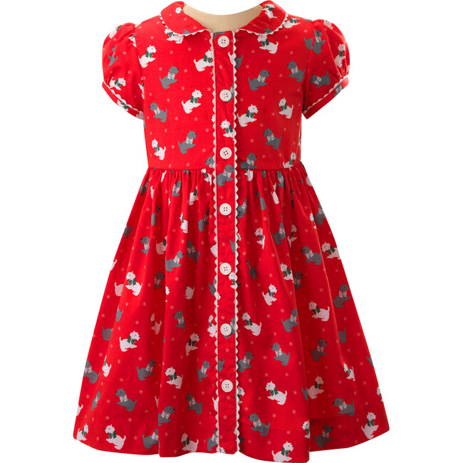 Scottie Dog Print Short Sleeve Button-Front Dress, Red