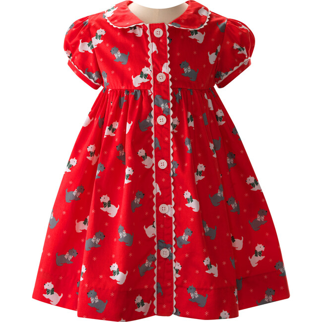 Scottie Dog Print Short Sleeve Button-Front Dress & Bloomers, Red