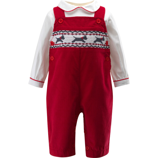 Scottie Dog Print Peter Pan Collar Smocked Overall Set, Red - Mixed Apparel Set - 1