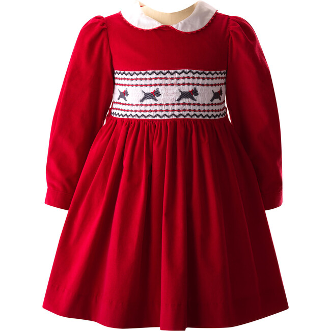 Scottie Dog Print Peter Pan Collar Puff Sleeve Smocked Dress, Red