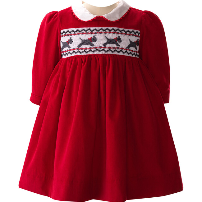 Scottie Dog Print Peter Pan Collar Puff Sleeve Smocked Dress & Bloomers, Red