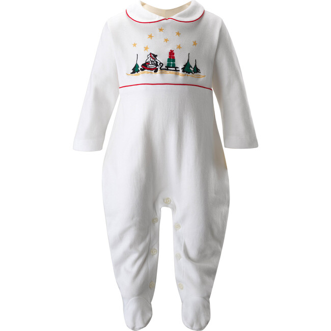 Santa Embroidered Peter Pan Collar Short Sleeve Babygro, White