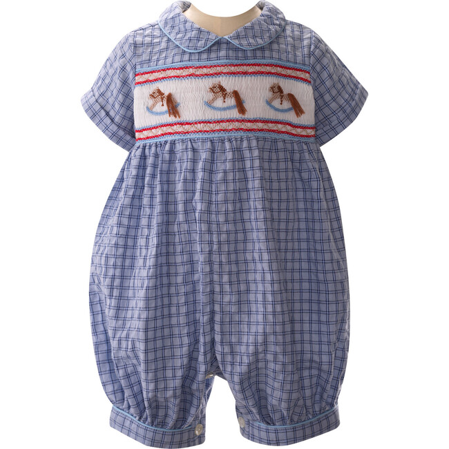 Rocking Horse Peter Pan Collar Short Sleeve Smocked Babysuit, Blur - Onesies - 1