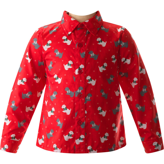 Scottie Dog Print Classic Collar Long Sleeve Button-Up Shirt, Red