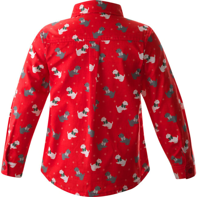 Scottie Dog Print Classic Collar Long Sleeve Button-Up Shirt, Red - Button Downs - 2