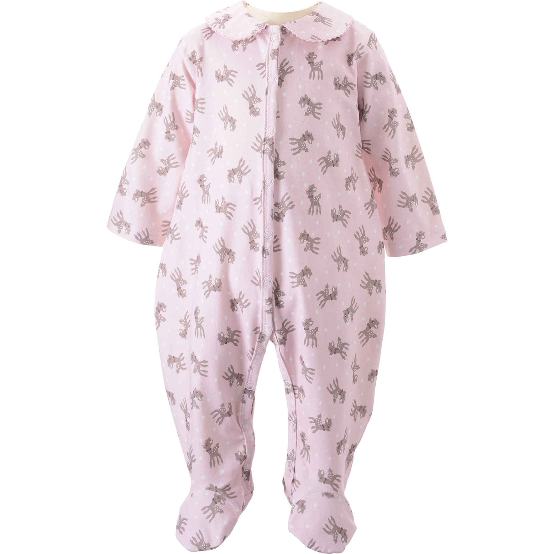 Polka Dot Fawn Print Peter Pan Collar Snap Footie Babygro, Pink - Onesies - 1