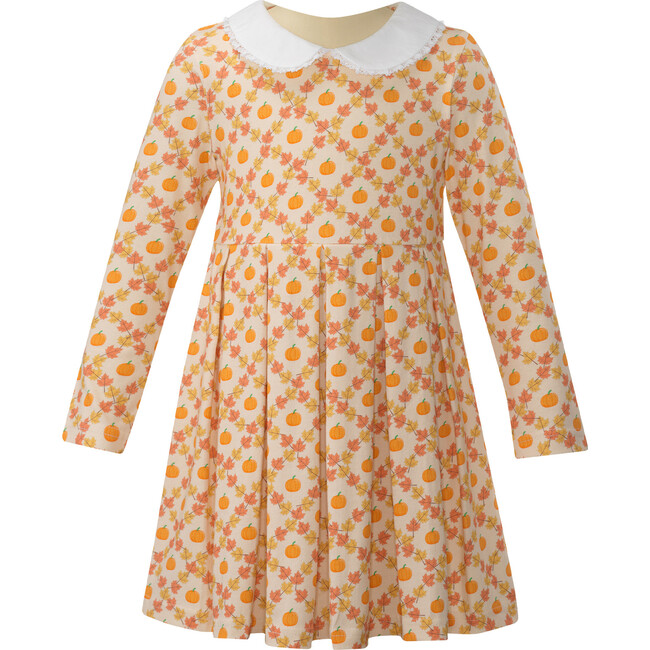 Pumpkin Check Peter Pan Collar Long Sleeve Jersey Skirt Dress, Orange