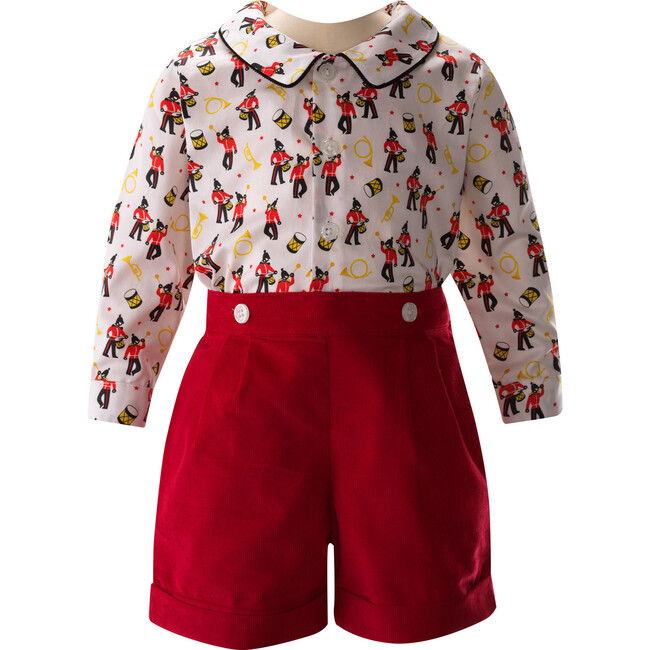 Nutcracker March Peter Pan Collar Long Sleeve Shirt & Short Set, Red