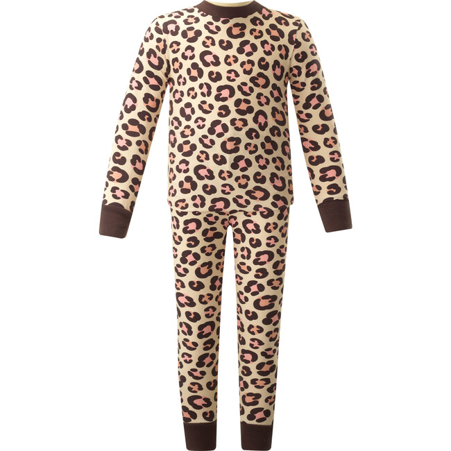 Leopard Elastic Cuff Long Sleeve Jersey Pajamas, Brown