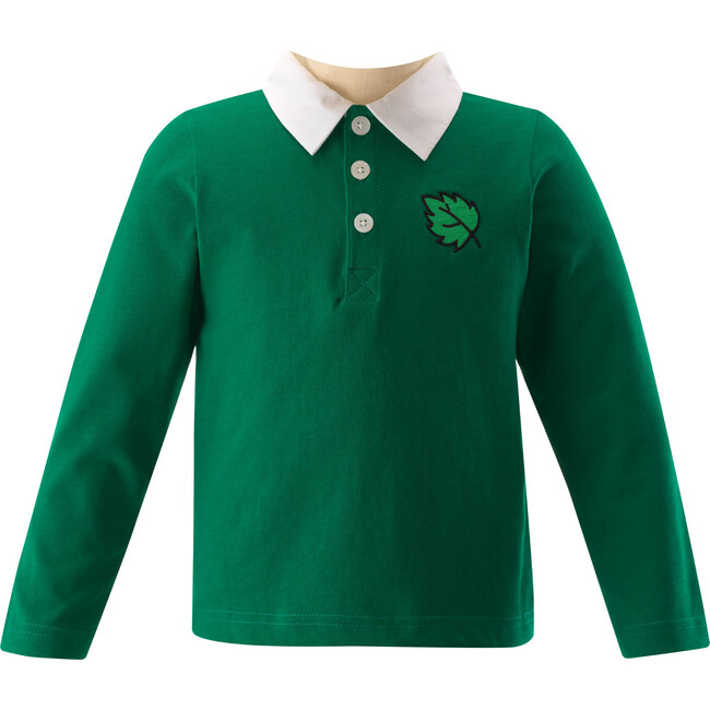 Leaf Embroidered Contrast Collar Rugby Polo Shirt, Green