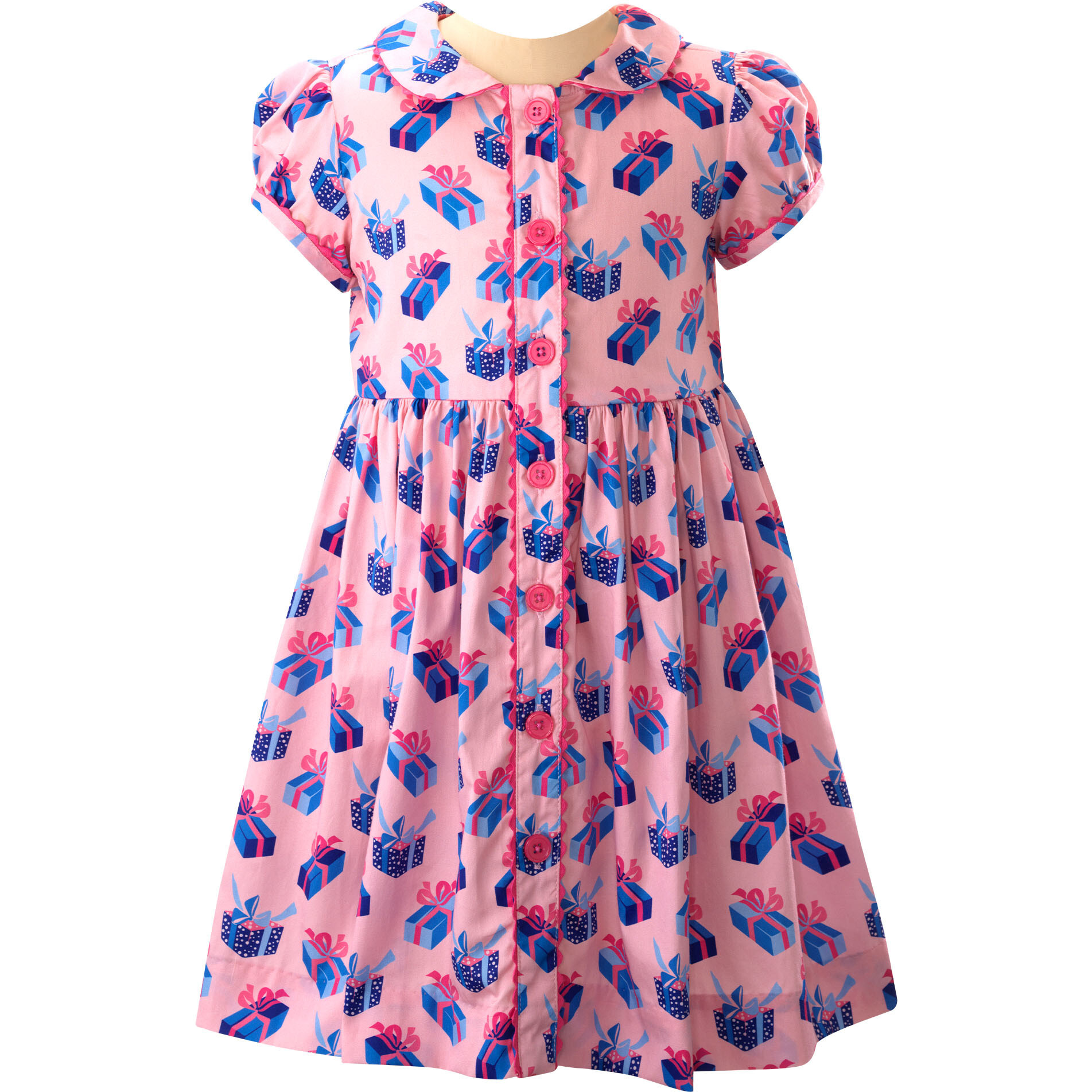 Gift Ric Rac Trim Short Sleeve Button-Front Dress, Pink - Dresses - 1