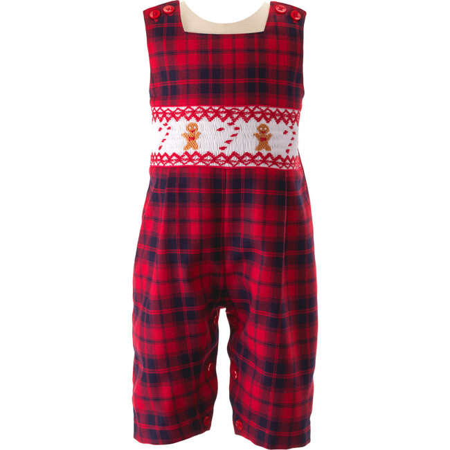 Gingerbread Check Adjustable Button Smocked Dungarees, Red - Onesies - 1