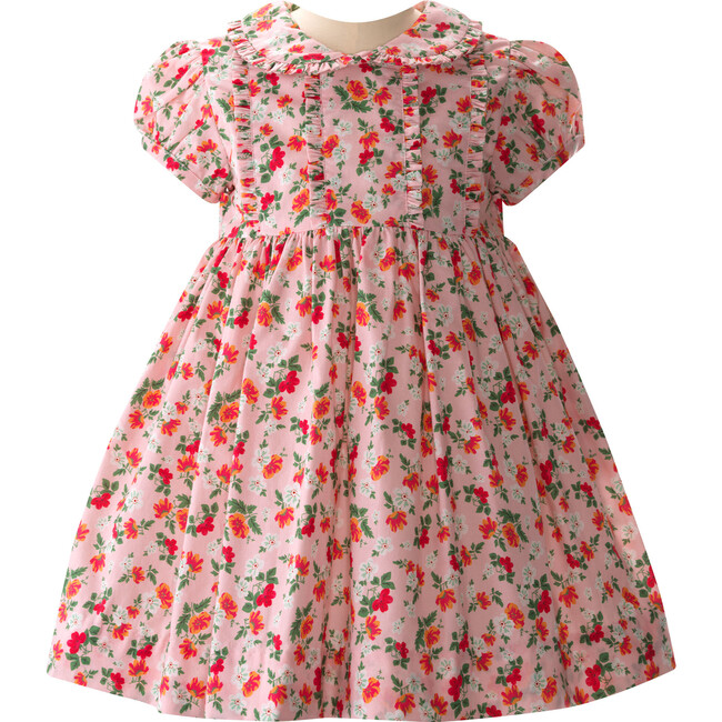 Floral Frill Front Peter Pan Collar Short Puff Sleeve Dress & Bloomers, Pink