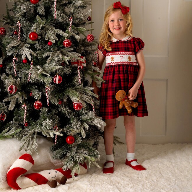 Gingerbread Tartan Frill Trim Puff Sleeve Smocked Dress, Red - Dresses - 3