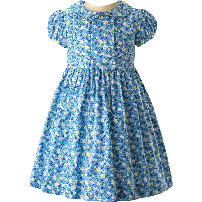 Floral Frill Front Peter Pan Collar Short Puff Sleeve Dress, Blue