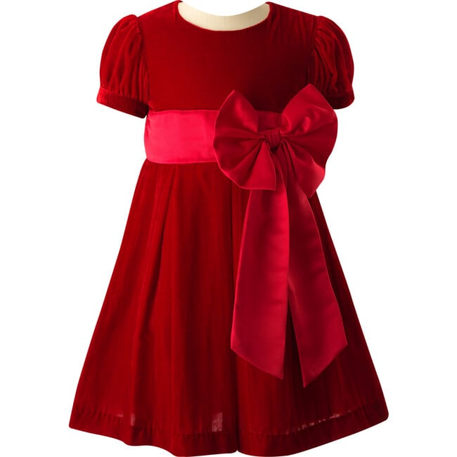 Crushed Velvet Bow Ribbon Tie Short Puff Sleeve Dress, Red