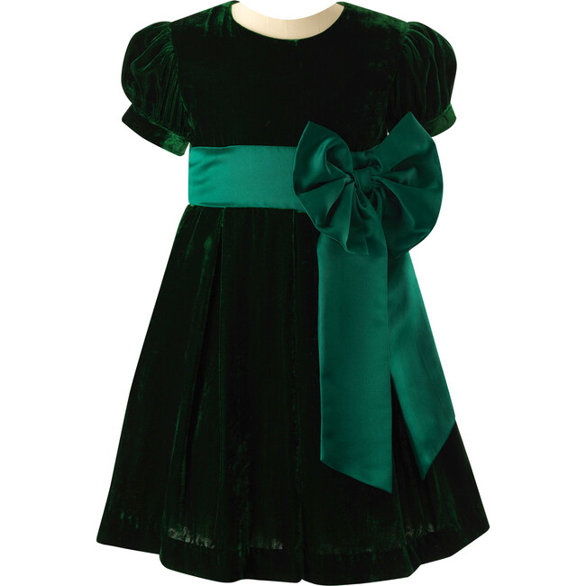 Crushed Velvet Bow Ribbon Tie Short Puff Sleeve Dress, Green