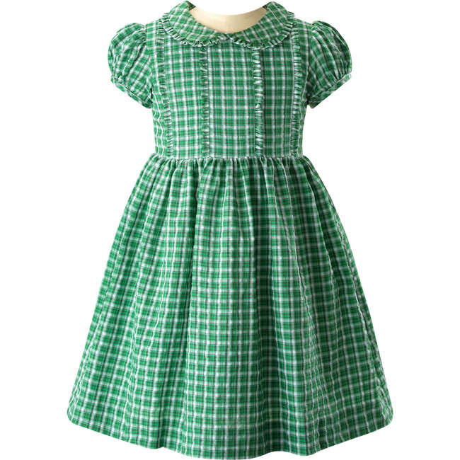 Check Frill Front Peter Pan Collar Short Puff Sleeve Dress, Green