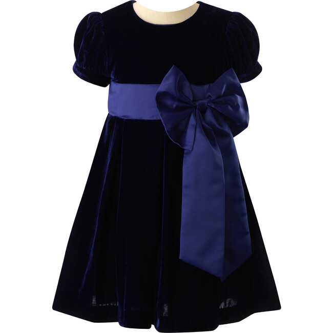 Crushed Velvet Bow Ribbon Tie Short Puff Sleeve Dress, Navy