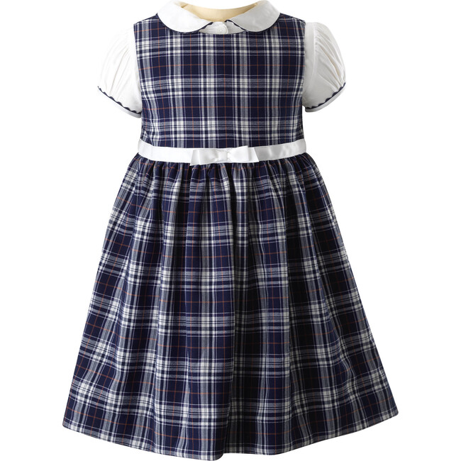 Check Pinafore Ric Rac Trim Top & Gathered Skirt Set, Navy