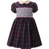 Check Embroidered Short Puff Sleeve Peter Pan Collar Smocked Dress, Navy - Dresses - 1 - thumbnail