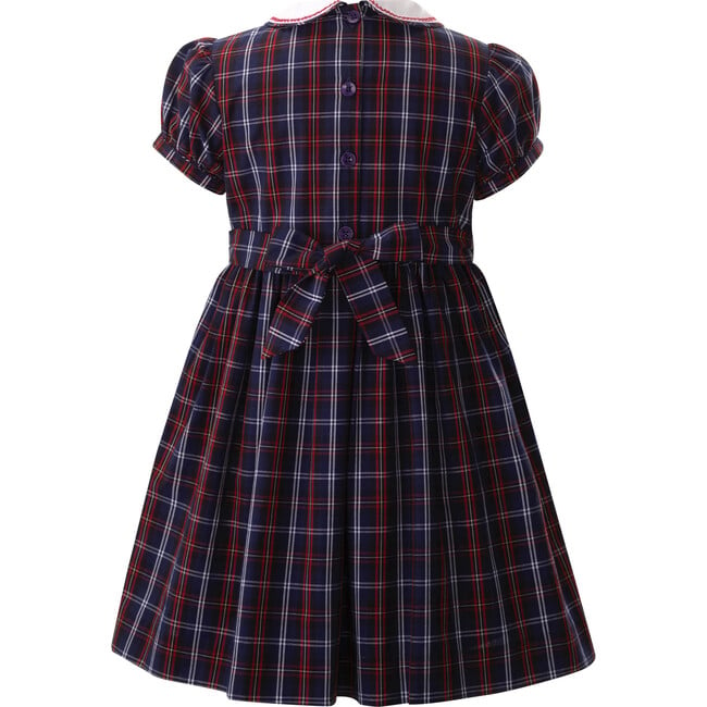 Check Embroidered Short Puff Sleeve Peter Pan Collar Smocked Dress, Navy - Dresses - 2