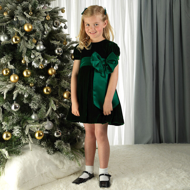 Crushed Velvet Bow Ribbon Tie Short Puff Sleeve Dress, Green - Dresses - 3