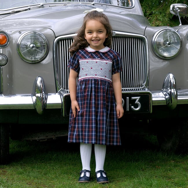 Check Embroidered Short Puff Sleeve Peter Pan Collar Smocked Dress, Navy - Dresses - 3