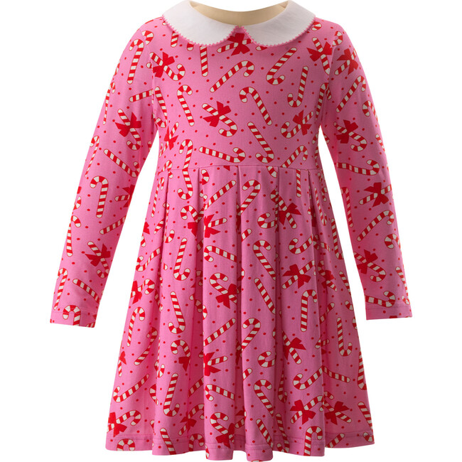 Candy Cane Peter Pan Collar Long Sleeve Jersey Skirt Dress, Pink