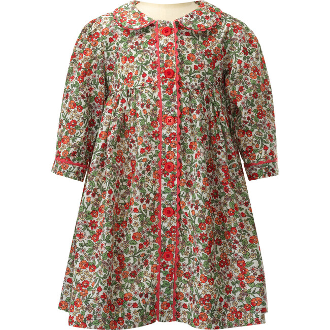 Botanical Floral Print Ric Rac Trim Long Sleeve Button-Front Dress & Bloomers