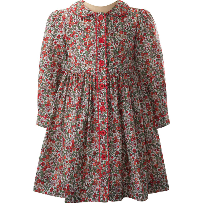 Botanical Floral Print Ric Rac Trim Long Sleeve Button-Front Dress, Red